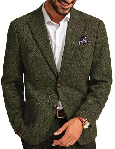PJ PAUL JONES Mens Vintage Tweed Herringbone Blazer Regular Fit Wool Blend Two Button Blazer Army Green XL