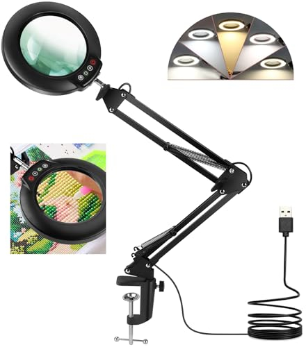 Veemagni 10X Lupe mit Licht, 5 Farbmodi Stufenlos Dimmbar, Verstellbarer Schwenkarm LED Beleuchtete Lupenleuchte mit Klemme, Hände frei Lupe mit Licht und Ständer für Malerei Hobby Schließen Arbeit