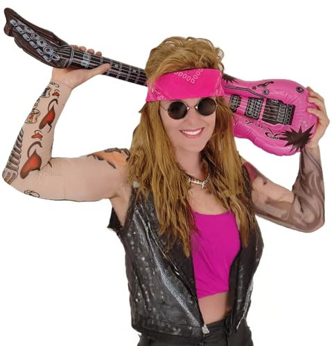 Komonee Pink Rockstar Kit Fancy Dress Up Glam 80s 90s Costume Outfit Heavy Metal Wig Bandana Headband Sunglasses Tattoo Sleeves Necklace Hard Rock Rocker Accessories Kids School Day 7 Pcs