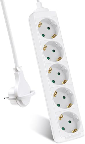 EXTRASTAR 5-Fach Steckdosenleiste, Flachstecker Mehrfachsteckdose mit 3m Kabel, Flacher Stecker mit Kindersicherung, 16A/3680W, Weiβ