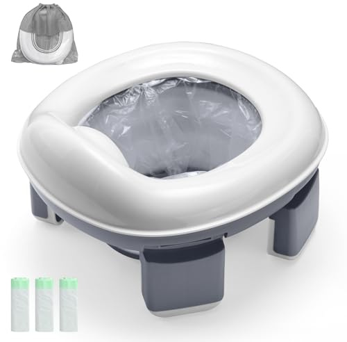 Warmiehomy Portable Travel Potty for Toddlers Kids Baby Foldable Potty Training Toilet Seat for 1-4 Years Boys Girls Indoor Outdoor Carry Potty Travel Toilet with 60pcs Cleaning Bags, Grey