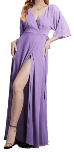 Vestido de dama de honor de princesa con cuello en V, mangas con vuelo, vestido de gasa formal, vestido de fiesta de noche con abertura, ZM106, Lila, 36