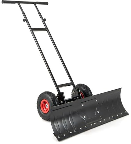 COSTWAY Pala da Neve con Ruote 91,5 x 53 x 114-126 cm, Spingineve in Metallo con Angolo Regolabile, Manico Regolabile in Altezza e Angolo per Rimozione Efficiente della Neve