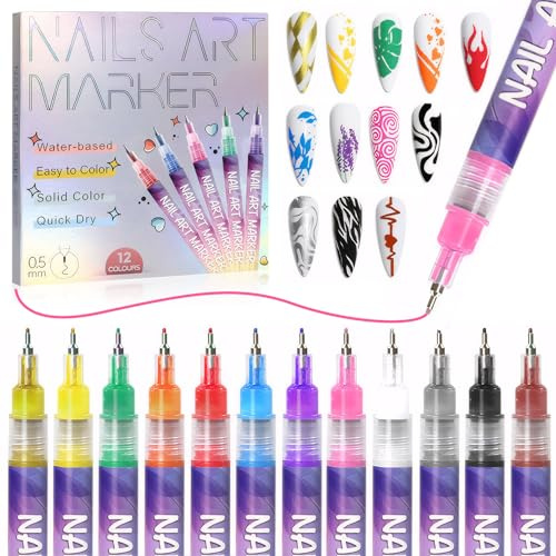 12 Color 3D Nail Art Pens Set, Nail Polish Pens Quick Dry Nail Art Pen | Nail Point Graffiti Dotting Pen for Nails Art Design, Nail Art Kit for Design Beauty