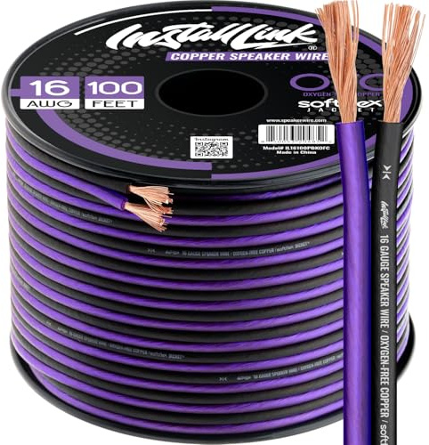 Install Link 16 AWG Gauge Speaker Wire (100 Feet) Car or Home Theater (OFC) | Pure OFC Copper, 16/2 Speaker Cable, 2-Conductor, Frosted Purple/Black, Easy Strip, Polarity ID, for Car Audio & Home Stereo