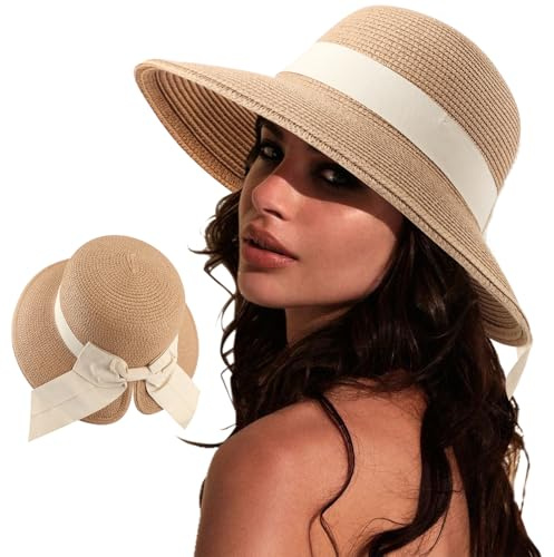 DRESHOW Bowknot Chapeau de Soleil pour Femme Bord Large Chapeau de Soleil de Pplage Pliable pour l'été Chapeau Sarouel en Paille à Large Bord avec Nœud UPF 50+