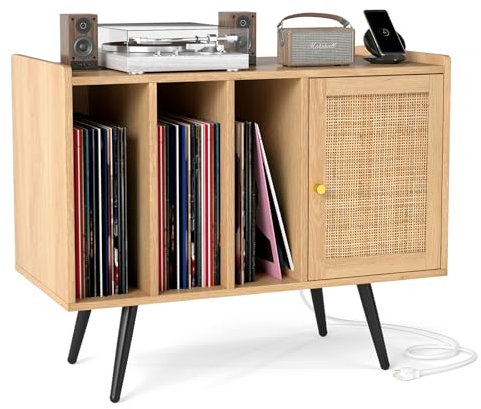 COSTWAY Meuble Vinyle avec Prise, Rangement Vinyle pour 220 Albums, Rangement CD/DVD Manga, Armoire à Porte Cannage,Support pour Tourne-disque, Meuble Hifi pour Salon, Chambre (Naturel)