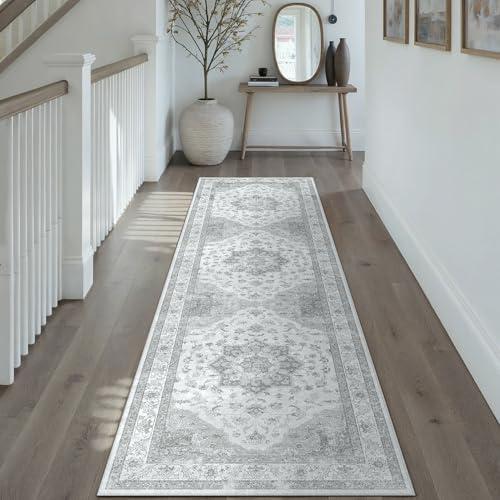 PureCozy Vintage Grauer Teppich Flur Läufer 60x240cm Teppichläufer Boho Waschbarer Carpet Weich rutschfest Lang Teppiche Küche Schlafzimmer Bettvorleger Büro Kurzflor Tepich
