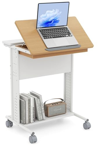 COSTWAY Rolling Portable Desk, Laptop Desk with Tilting Tabletop, Hidden Compartment, Storage Shelves and Pegboards, C-Shaped Computer Cart Overbed Table for Small Space