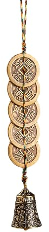 Feng Shui Decor, Chinese Feng Shui Bells, Five Emperor Copper Coins, Hanging Decoration Pendant Bells for Car, Home, Door and Bag, Symbol Good Luck, Wealth, Healthy and Success