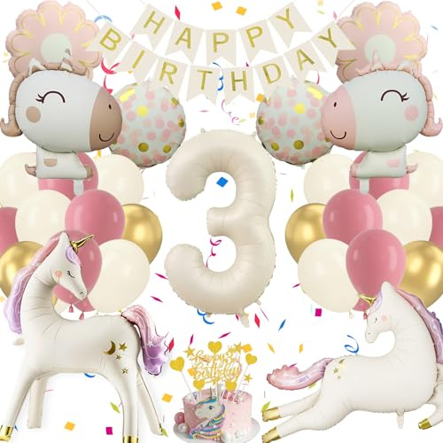 Einhor Deko Kindergeburtstag 3, Riesiges Mattweiß Rosa 4D Luftballons | Einhor Geburtstagsdeko Ballon Banner und Tortendeko, Party Deko Geschenke für Mädchen (Set Geburtstagsdeko 3 Jahre Mädchen)