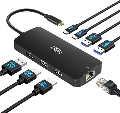 Estación de acoplamiento USB C de doble monitor, estación de acoplamiento Selore 3 monitores triple pantalla 4K con 2 HDMI, DisplayPort, Ethernet de 1 Gbps, carga PD de 100 W, adaptador de puertos USB