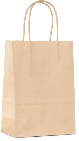 Commerline 200 Stycken Papperspåsar Med Handtag | Brun, 32+12x41 cm Presentpåsar | Kraftpapperspåsar Med Snörhandtag | Pappersbärkassar för Shopping och Förpackning | DIY