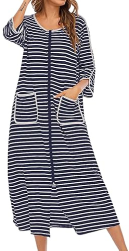 Odoukey Abrigos de casa a rayas con mangas 3/4 para mujer con bolsillos, batas suaves y cómodas con cremallera, ropa de dormir larga en la parte delantera, batas ligeras