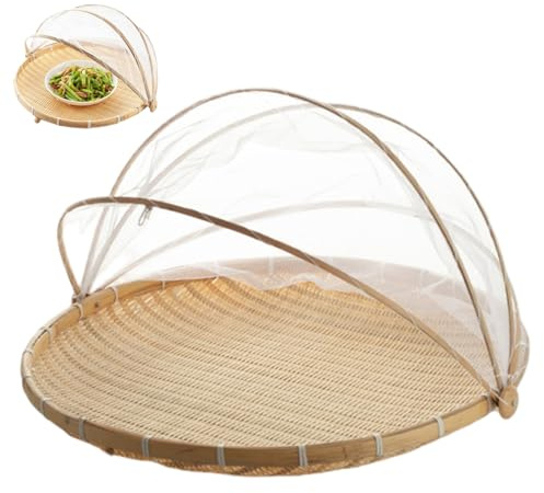 Cesta de bambú, cesta de frutas de malla con tapa, fruta de bambú de 12 pulgadas con cubierta de gasa de malla, tienda de campaña para alimentos al aire libre para verduras, frutas, pan y almacenamie
