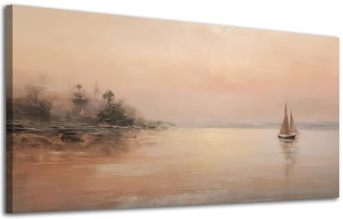 Rustic Canvas Prints Wall Art Misty Coastal Sailboat 46x23, Warm Earth Tone Soft-Hued Shoreline Artwork Gentle Sunset Prints Calm Water Pictures Framed Wall Decor for Living Room Bedroom Home