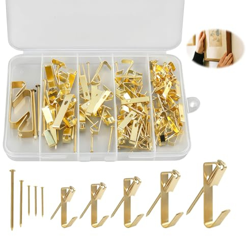 120 Piezas Ganchos Para Colgar Cuadros, Dorado Gancho Marcos Fotos de Acero Inoxidable con Clavos, Perchas para Cuadros con Clavos, Juego de Marco de Fotos Ganchos, Ganchos para Fijar Fotos Espejos