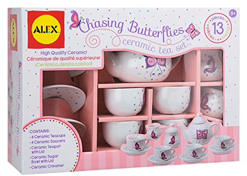 Alex Chasing Butterflies Ceramic Kids Tea Set, 13 Piece,Includes 4 teacups, 4 saucers, tea pot with lid, sugar bowl with lid and creamer