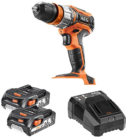 AEG BS18C2X LI-202C Trapano Avvitatore Compatto 18V con Mandrino Intercambiabile, 2 batterie da 2.0Ah, Impugnatura Ergonomica, 202mm di Lunghezza, 2 Velocità: 0-450/0-1800 rpm