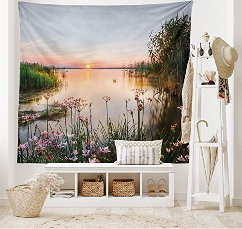 ABAKUHAUS Natur Wandteppich, Sonnenuntergang am Chudskoy See, Wohnzimmer Schlafzimmer Heim Seidiges Satin Wandteppich, 200 x 150 cm, Babyblau Grün
