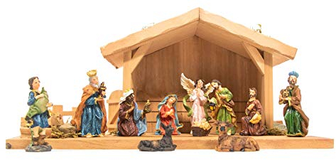 mgc24 Presepe da tavolo in legno, completo di 11 statuine dipinte a mano, illuminazione a LED