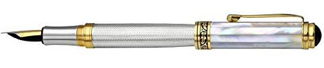 Xezo Maestro Fountain Pen, Fine Nib. Solid 925 Sterling Silver with Oceanic White Mother of Pearl and 18 Karat Gold Plating. Handcrafted, Limited Edition, Serialized