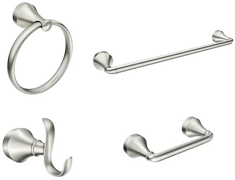 Moen Wellton Brushed Nickel 4-Piece Bathroom Accessory Collection, Includes Towel Ring, Robe Hook, Towel Bar, and Pivoting Toilet Paper Holder, Y1394BN