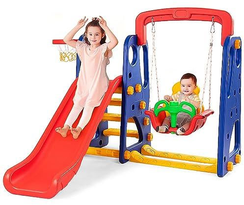 COSTWAY 3 in 1 Kinder Spielplatz, Kinder Rutsche & Schaukel & Basketballkorb für Kinder von 3-8 Jahren, Schaukelgerüst, Kinderschaukel, Kinderrutsche für Outdoor und Indoor