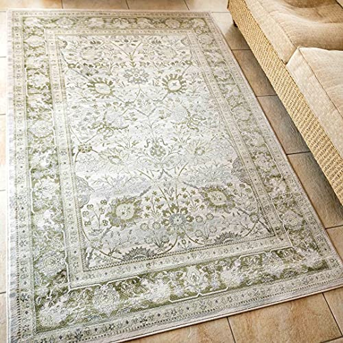 Large Traditional Antique Floral Sage Green Living Room Carpet Rug Olive Distressed Oriental Cream Classic Bedroom Hallway Kitchen Dining Room Floor Mat Rugs 190cm x 280cm