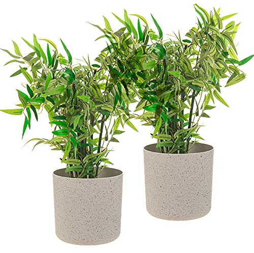 LIVIVO 22CM Round Plastic Flowerpot Plant Pot with Speckled Sandstone Effect for Indoor & Outdoor use including Kitchen Living Room Hallway Garden Patio Entrance Balcony Window - SET OF 2 (White)