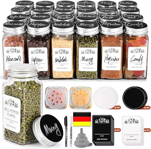 Miorkly Gewürzgläser Eckig 24er Set, 120ml Gewürzdosen Glas Gewürzstreuer mit Schraubkappe, Gewürzbehälter Gewürze Aufbewahrung mit Streueinsatz, Etiketten, Trichter, Bürste
