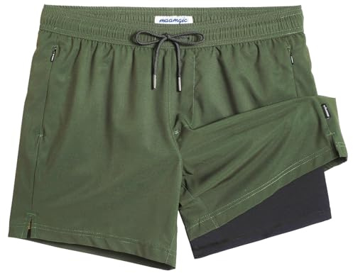 maamgic 5 Mens Swim Shorts with Compression Liner 4-Way Stretch Bathing Suit Swimming Shorts 2 in 1 Men's Swim Trunks with Zipper Pockets Quick Dry,Dark Green Black Cr 5.5,L