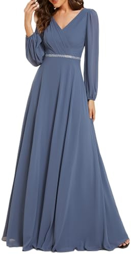 Ever-Pretty Vestido Elegante Mujer Ceremonia Manga Larga Escote En Pico Falda hasta El Suelo Vestido De Noche Azul Vaquero 46