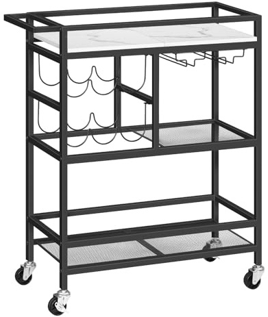 MAHANCRIS Bar Cart for Home, 3-Tier Serving Cart with Wheels and Handle, Beverage Cart with Wine Rack and Glass Holders, Rolling Wine Cart for Kitchen, Dining Room, Marble and Black RCHM6101