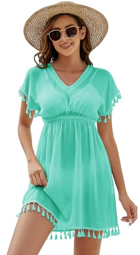 Onfettic Mujer Vestido de Playa Verano Traje de Baño Túnica de Playa Gasa Poncho de Playa Vestidos de Verano Bikini Cover con Cuello en V (Ver