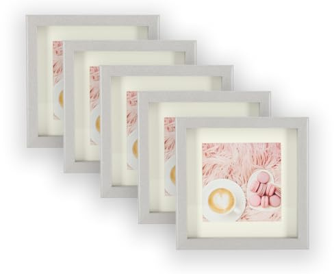 Wackadoo 5er Set Holz Bilderrahmen Set, FSC® Holzrahmen Silber Fotowand Bilderrahmen klein Fotogalerie Wandcollage Fotorahmen mit Glasscheibe mit Passepartout (10x10 cm)