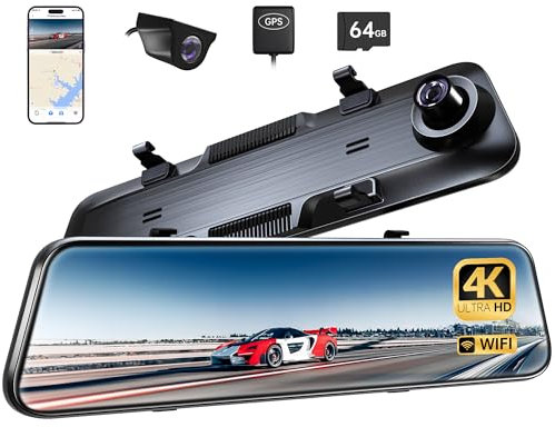Pelsee P12 Plus 4K WiFi Rear View Mirror Camera, Dash Cam Front and Rear w/ 12 Touch Screen, Mirror Dash Cam Backup Cameras for Cars, 64GB Card&GPS Included, ADAS, Reversing Aid, WDR Night Vision