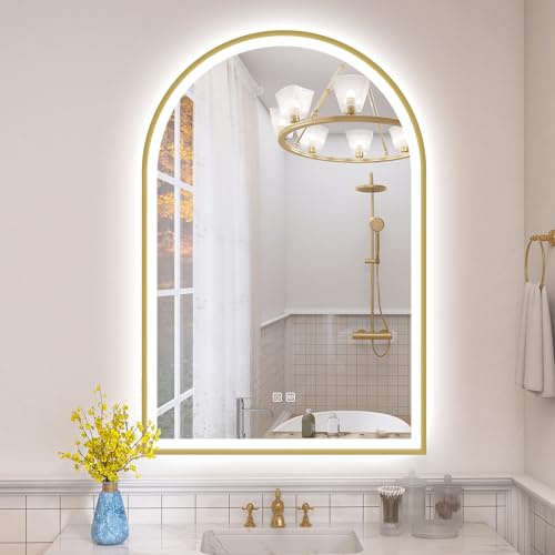 S'bagno Miroir de salle de bain arqué avec lumières LED 600 x 900 mm, miroir de salle de bain LED avec cadre en aluminium, anti-buée, 3000 K/4000 K/6500 K, verre trempé HD, étanche IP44, fonction