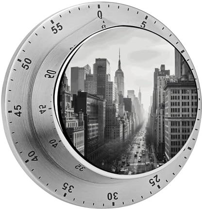 Mechanischer Timer in Schwarz und Weiß, bedruckt mit New York, Countdown-Timer, magnetische Rückseite, Edelstahl-Körper, magnetischer Timer für Zuhause, Backen, Kochen, Ofen