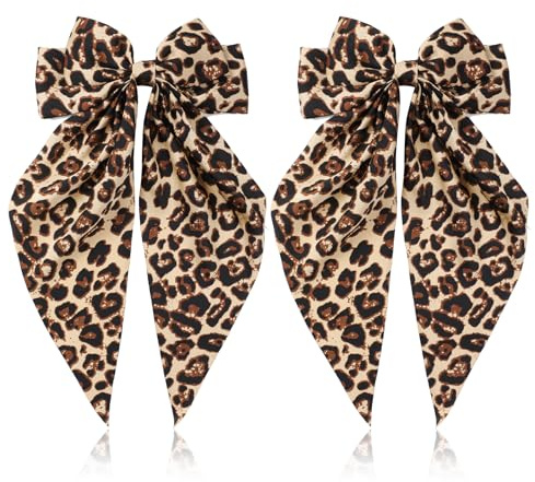 Mabor 2 Stück Leopardenmuster Hair Bow Clips，mit Langem Ribbon Bows Metall Haarschleife Big Hair Bows Haarspange Schleife Pferdeschwanz Haar Accessoire für Damen und Mädchen