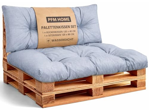 PFM HOME Palettenkissen Outdoor-Kissen Wasserdicht für Palettensofa Palettenmöbel Europaletten - Gartenkissen - 1 x Rückenkissen 120 x 40 cm + 1 x Sitzkissen 120 x 80 cm - Hellgrau