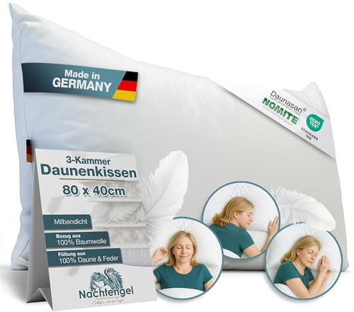 Nachtengel Daunenkissen 40x80 – 3-Kammer Kopfkissen aus 100 % Daunen & Federn – weiches Hotelbettkissen Made in Germany, atmungsaktives Federkopfkissen für alle Schlaftypen (Medium, Füllgewicht: 700g)