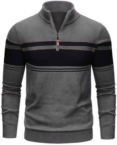 TACVASEN Suéter de punto con cremallera de un cuarto para hombre, de algodón, de manga larga, a rayas, informal, para otoño e invierno, gris oscuro, S