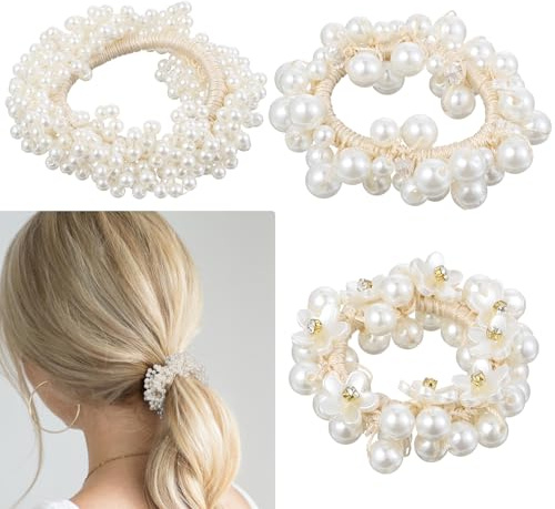 Guduling 3pcs Pearl Hair Ties for Women, Beaded Hair Scrunchies, Hair Bobble Pearl, Elastic Ponytail Holders for Women Curly, Straight, Thick or Thin Perfect for Wedding, Party, Prom
