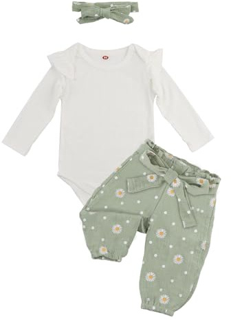 ABOHU Sparkdräkt för bebis, kostym för nyfödd elegant jumpsuit, babykläder, babykläder, bebisar, födelsedagskläder, långärmad sparkdräkt + blombyxor + pannband set klänningar, Grön, 6-9 M�nader