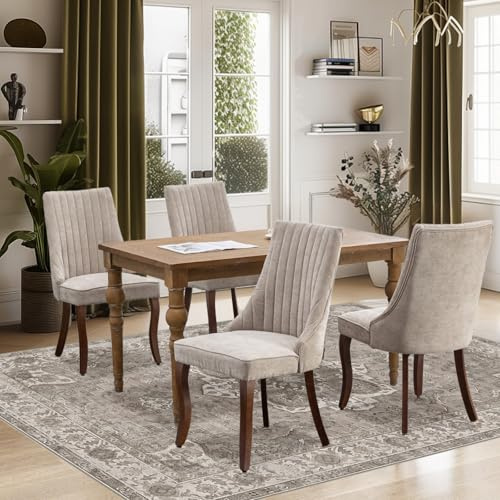 SoarFlash Conjunto de 4 sillas de Comedor, con Respaldo Alto y Acolchado Vertical, Patas de Madera Maciza curvadas, Elegante Silla tapizada para el Comedor, Beige