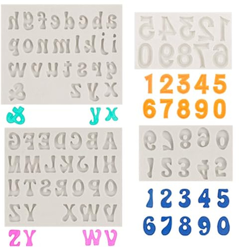 4 PCS Silicone Letters Numbers Molds Edible Letters Mold 0-9 Uppercase Lowercase Alphabet Reusable 3D Letter Moulds for Baking Desserts Birthday Cake Decoration Candy Gummy Ice Cube Tray