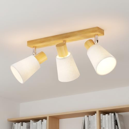 LVWIT Faretti LED Soffitto Bianco, Faretti da Soffitto Orientabili con 3 Faretto E14, Lampadario Legno, Faretti Parete Interno Vintage per Barra, Salotto,Cameretta, Cucina, Bagno (Lampadine Escluse)