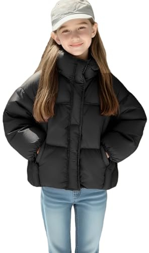 duxyoz Black Girls' Winter Coats Kids Thicken Padded Hooded Puffer Jacket Children Windproof Warm Casual Outdoor Ski Jacket Lightweight Thermal Soft Full Zip Outwear Overcoat 9-10 Years