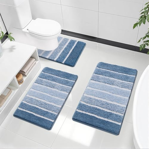 SHACOS Tappeto Bagno Set di 3 Antiscivolo, Tappetini Assorbente 50 x 80 cm Lavabile Tappetino Morbido Microfibra, Blu